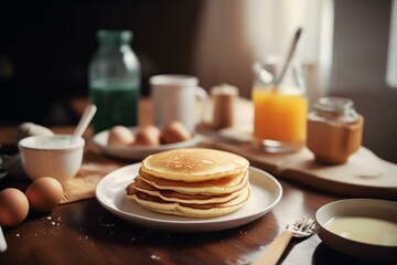 Fototapeta na wymiar Delicious homemade pancakes with steam on breakfast table. Generative AI