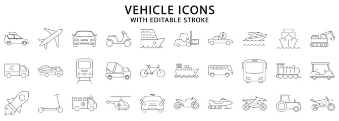 Vehicle icons. Vehicle icon set. Vehicle line icons. Vector illustration. Editable stroke. - obrazy, fototapety, plakaty