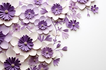 Soft white background with purple paper cut style flowers. Generative AI