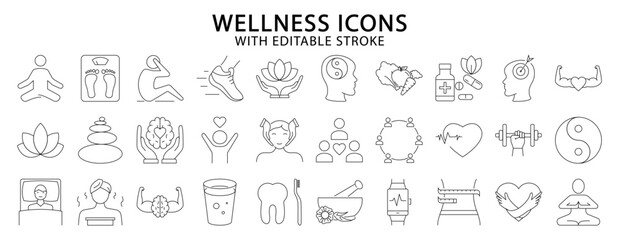 Wellness icons. Wellness icon set. Wellness line icons. Vector illustration. Editable Stroke.