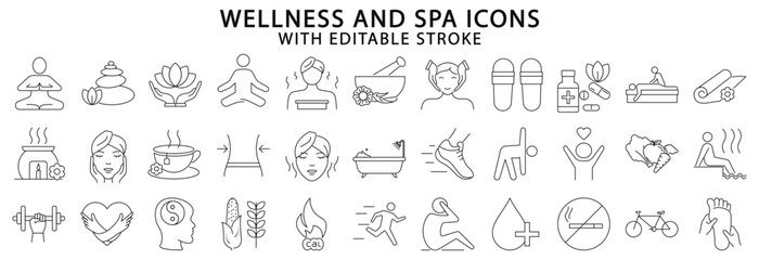 Wellness and spa icons. Wellness and spa icon set. Wellness line icons. Vector illustration Editable stroke. - obrazy, fototapety, plakaty