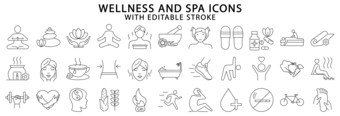 Poster Wellness and spa icons. Wellness and spa icon set. Wellness line icons. Vector illustration Editable stroke. © I D-Vect ID
