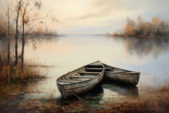 Lake scene with two weathered boats. Generative AI © Bronek