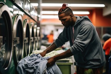 A man in a public laundry.