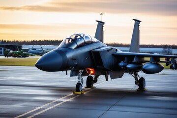 A military jet at the airport.