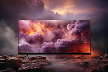 Modern TV setup, art on the screen in the style of light purple and grey elegant liquid metal soft - focus futuristic fragmentation flowing forms, smokey background, smoke on the ground