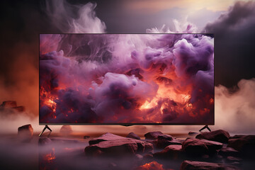 Modern TV setup, art on the screen in the style of light purple and grey elegant liquid metal soft - focus futuristic fragmentation flowing forms, smokey background, smoke on the ground