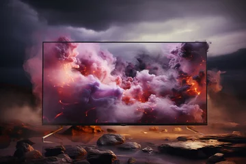 Foto op Canvas Modern TV setup, art on the screen in the style of light purple and grey elegant liquid metal soft - focus futuristic fragmentation flowing forms, smokey background, smoke on the ground © 성우 양