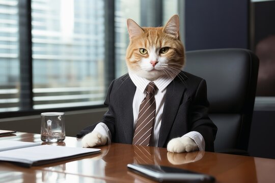A cat with a business suit being bossy at the office
