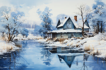 Vintage watercolor painting, skandinavian style, minimalistic and reduced color palette, blue