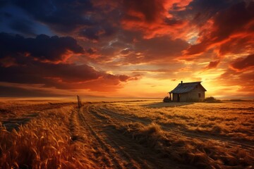 Sunset on a wheat field with a peasant hut