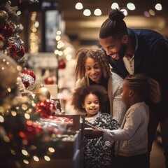Obraz na płótnie Canvas Young happy interracial family with a child in the store near the Christmas tree in the evening with warm light. Generation AI