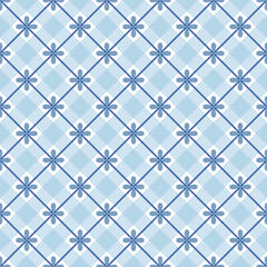 Blue net seamless pattern with flowers. Background with diagonal grid in the style of classic porcelain painting.