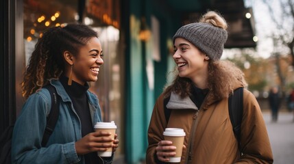 Two teenage friends hanging out and talking after getting coffee - obrazy, fototapety, plakaty