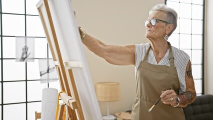 Serious, grey-haired senior woman in apron seriously concentrates on drawing art at indoor studio, embodying her mature creativity on canvas.