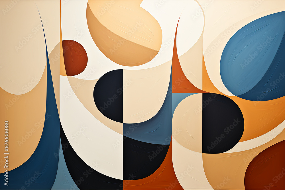 Wall mural Geometric abstract elements wall art illustration and artwork, in the style of dark beige and dark azure, organic shapes and curved lines, figurative simplicity, aerial view, abstract: non - represent