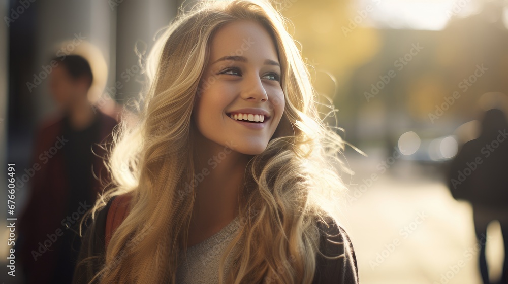 Wall mural portrait of a female college student with long blonde hair smiling on campus