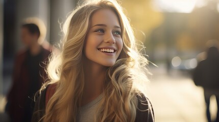 Portrait of a female college student with long blonde hair smiling on campus - obrazy, fototapety, plakaty