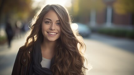 Portrait of a female college student with long brown hair smiling on campus - obrazy, fototapety, plakaty