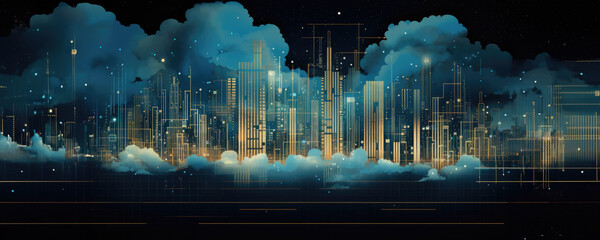 Futuristic skyscrapers surrounded by clouds, concept of digital file storage and advancing technology - obrazy, fototapety, plakaty