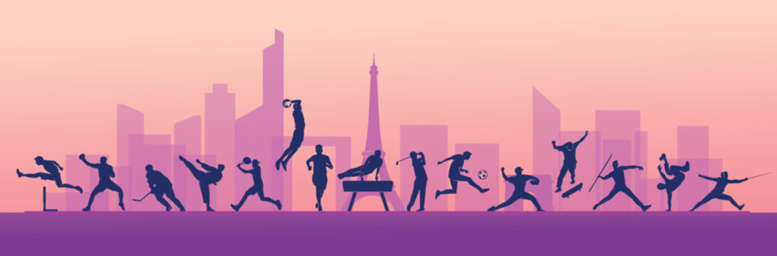 Great editable vector file of olympic multisport players silhouette in the front of paris skyline with classy and unique style best for your digital design and print mockup