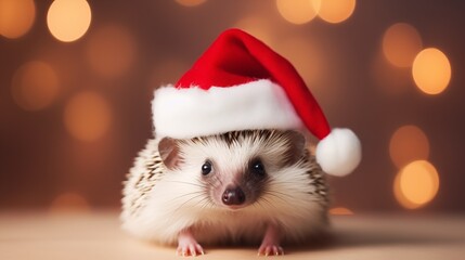 Fototapeta na wymiar Hedgehog wearing Santa hat, blurred lamps in the background. New year concept.