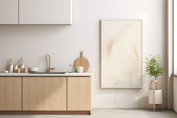 Stylish kitchen interior with furnitures, plants, and elegant personal accessories. Home decor. Interior design, minimalism, modern mood