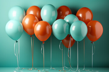 Lots of colorful balloons with ropes on a light green background, photo, without people