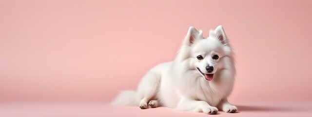 Studio portraits of a funny Japanese Spitz dog on a plain and colored background. Creative animal concept, dog on a uniform background for design and advertising.