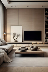 The interior is in a modern style in beige and calm shades. Consistent design, simplicity, minimalism, calm mood