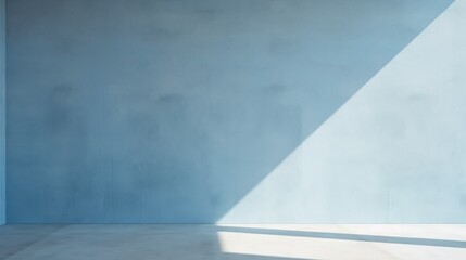 Abstract light blue background, perfect for product presentations. Shadows and light from the window on the cement wall Morning light enters through the diagonal window.