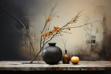 A dark moon, in the style of soft Japandi art, muted tones, dark silver and beige, minimalist still life, grey and amber, serene and tranquil scenes, captivating sense of movement, precarious balance - obrazy, fototapety, plakaty