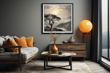 A dark moon, in the style of soft Japandi art, muted tones, dark silver and beige, minimalist still life, grey and amber, serene and tranquil scenes, captivating sense of movement, precarious balance