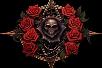 Gothic Pentagram with red Roses decoration on black background Generative Ai