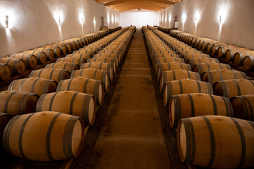 WIne celler with french oak barrels for aging of red dry wine made from Cabernet Sauvignon grape...