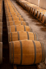 WIne celler with french oak barrels for aging of red dry wine made from Cabernet Sauvignon grape variety, Haut-Medoc vineyards in Bordeaux, left bank of Gironde Estuary, Pauillac, France