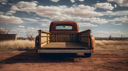 chest high looking directly at the closed tailgate of a truck, wide angle centered in frame not an old truck, a normal pickup truck