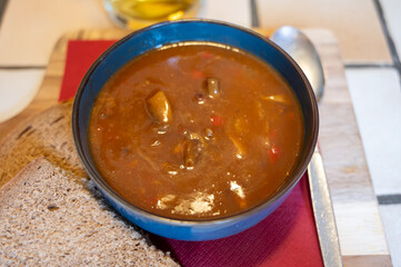 German food, thick, rich goulash meat soup served hot in bowl in old German cafe in countryside