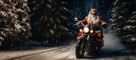 Selbstklebende Fototapeten Santa Claus in glasses rides a motorcycle along a forest road past Christmas trees. Christmas concept. Copy space © Тарас Рощук
