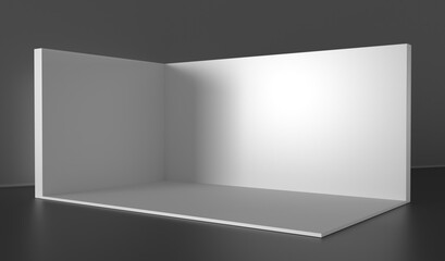 3D exhibition booth. Showroom. Square corner. Empty geometric square. Blank box template. White blank exhibition stand. Presentation event room.
