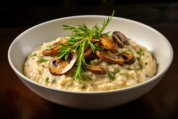 Fototapeta na wymiar A bowl of creamy risotto, cooked to perfection and garnished with sautéed mushrooms, fresh herbs, and a generous sprinkle of grated Parmesan cheese. Ai Generated.NO.04
