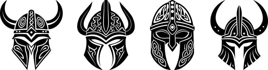 abstract viking helmet black silhouette vector logo set - obrazy, fototapety, plakaty