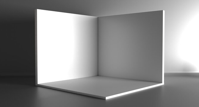 Square exhibition and Cube box. Corner room interior section on grey background. White blank geometric square 3D blank box template.
