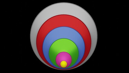 Nested Systems. Circles within circles. Overlapping nested cylinders. Colorful circular shapes of different sizes. Collection of colored discs. 3d render illustration.