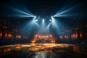 An empty stage club with blue and yellow bright stage lights and lights beams through a smokey...