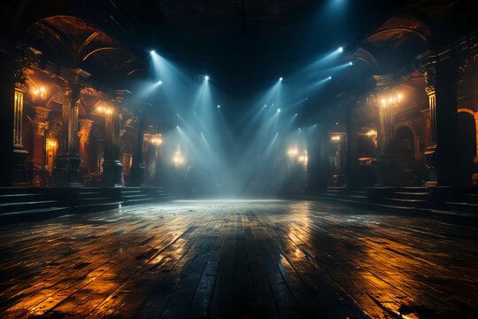 An empty stage club with blue and yellow bright stage lights and lights beams through a smokey atmosphere background