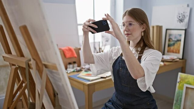 Young blonde woman artist make photo to draw at art studio