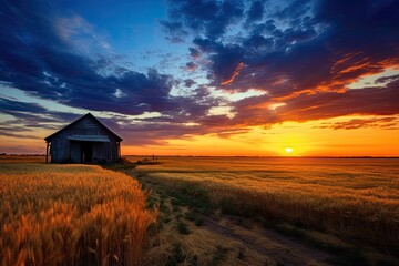 Sunset on a wheat field with a peasant hut - obrazy, fototapety, plakaty
