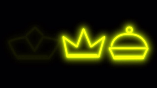 Three golden crowns on a black screen. Stock neon sign with the symbol of kings and kings in 4K with alpha channel.