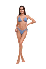 Young woman in stylish bikini isolated on white